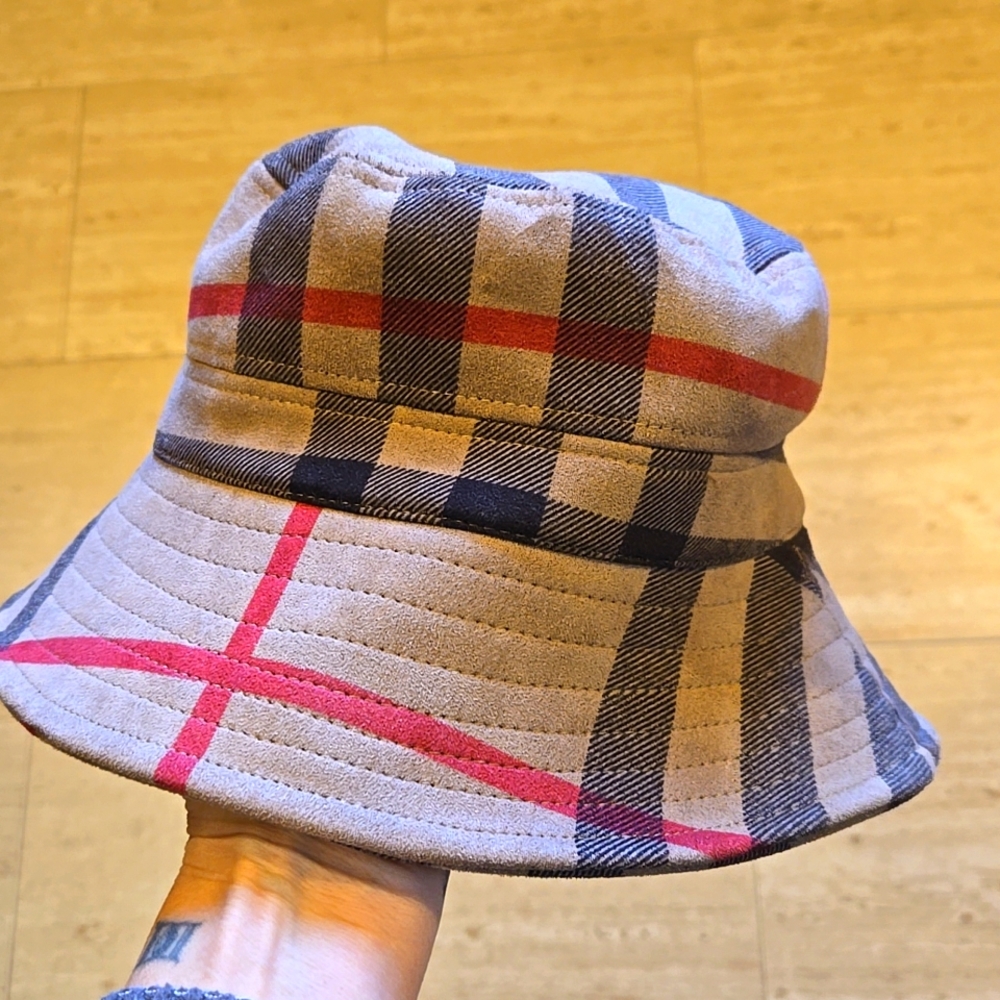 Designer Inspired Tan Suede-Like Plaid Bucket Hat - Picture 1 of 6